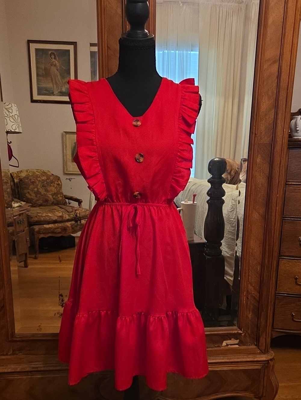 Red Ruffle-Sleeve Tiered Mini Dress with Drawstring Waist